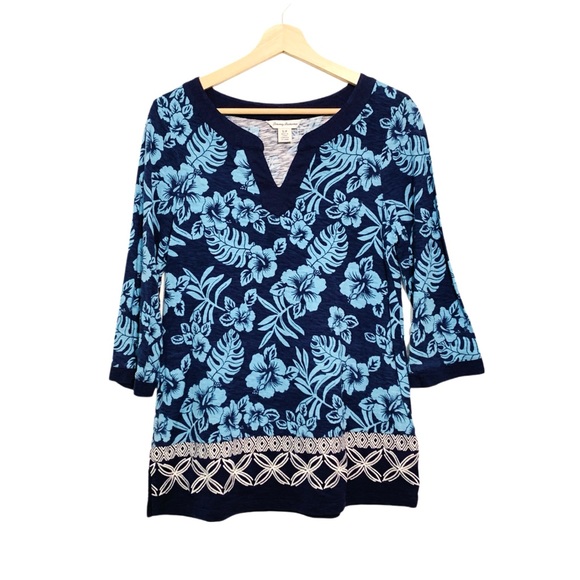 Tommy Bahama Hoani Hibiscus Embroidered Tunic Top Island Navy Small Resortwear - Picture 2 of 12